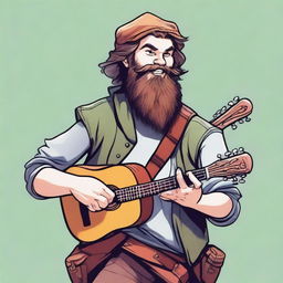 A dynamic, high-quality illustration that vividly portrays a young, bearded, and crazy homeless vagrant as a fantasy Dungeons and Dragons bard