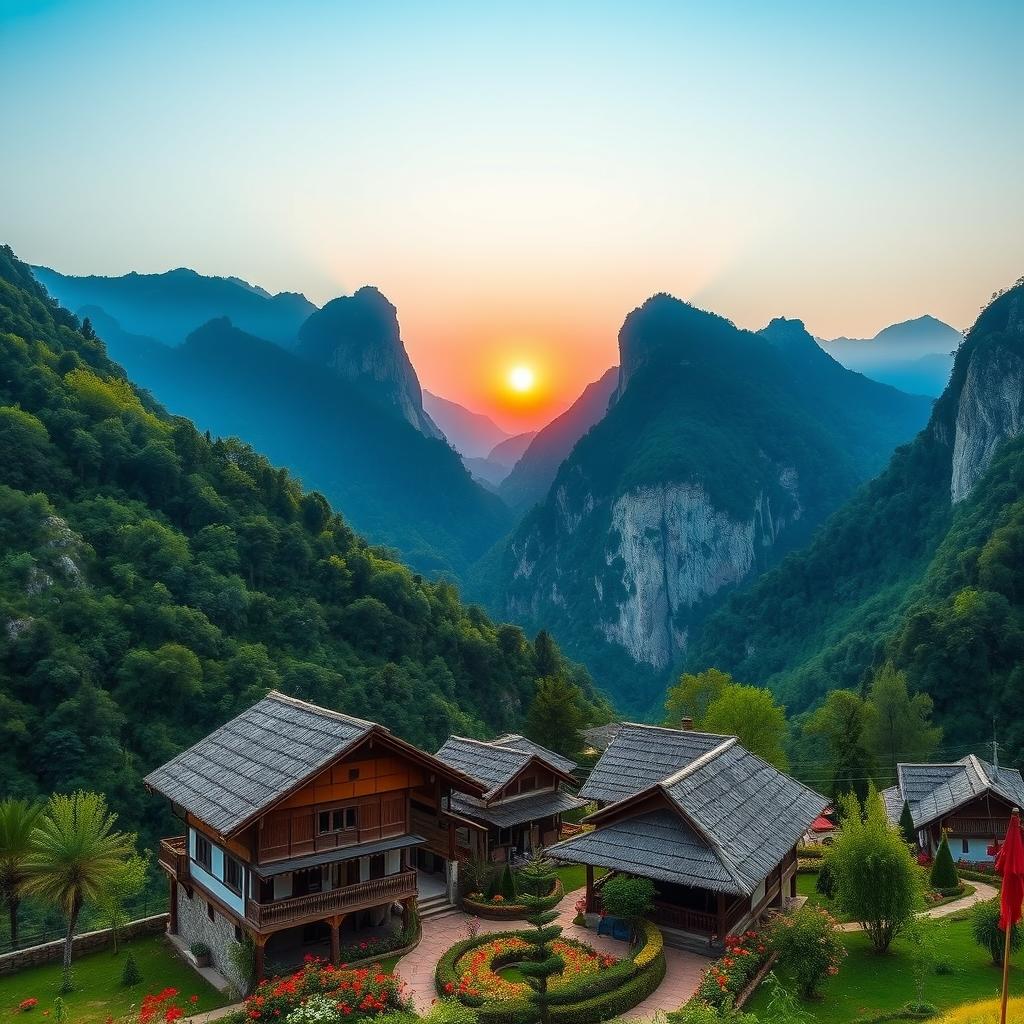 A breathtaking view of the northwestern mountains and lush forests of the H'mong ethnic group, inspired by the song 'The Red Sun Behind the Cliff'