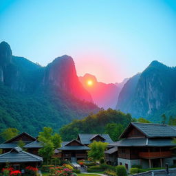 A breathtaking view of the northwestern mountains and lush forests of the H'mong ethnic group, inspired by the song 'The Red Sun Behind the Cliff'