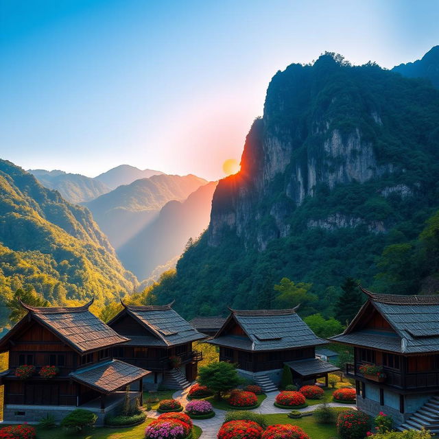 A breathtaking view of the northwestern mountains and lush forests of the H'mong ethnic group, inspired by the song 'The Red Sun Behind the Cliff'