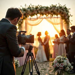 A beautifully organized scene showcasing a wedding cinematographer or video editor at work
