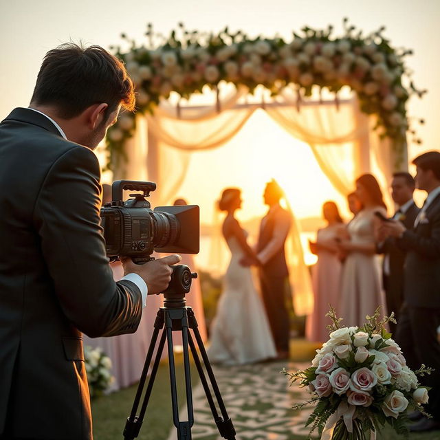 A beautifully organized scene showcasing a wedding cinematographer or video editor at work