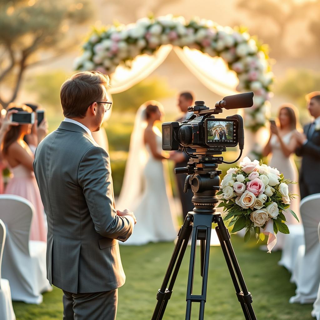 A beautifully organized scene showcasing a wedding cinematographer or video editor at work
