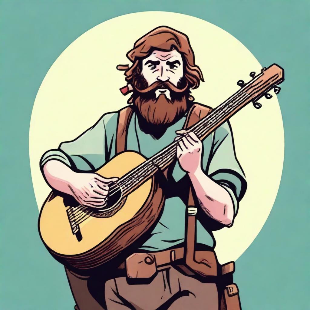 A dynamic, high-quality comic-style illustration that vividly portrays a young, bearded, and crazy homeless vagrant as a fantasy Dungeons and Dragons bard