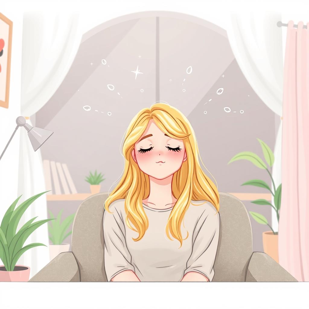 Une illustration d'une fille de 17 ans aux cheveux blonds brillants, assise confortablement dans un bureau de consultation