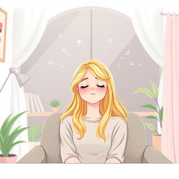 Une illustration d'une fille de 17 ans aux cheveux blonds brillants, assise confortablement dans un bureau de consultation
