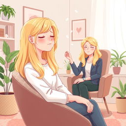 Une illustration d'une fille de 17 ans aux cheveux blonds brillants, assise confortablement dans un bureau de consultation