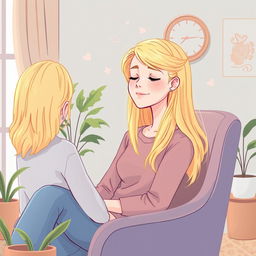 Une illustration d'une fille de 17 ans aux cheveux blonds brillants, assise confortablement dans un bureau de consultation