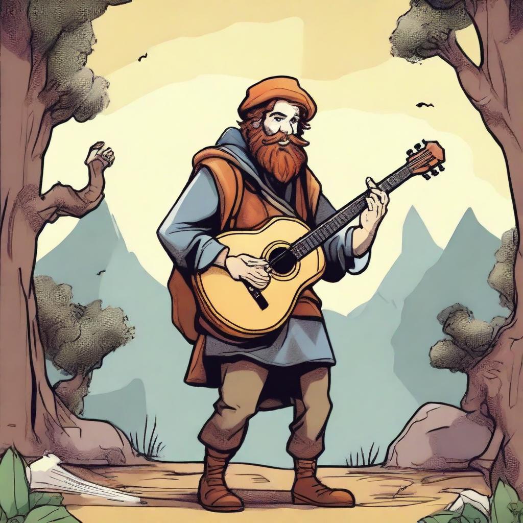 A dynamic, high-quality comic-style illustration that vividly portrays a young, bearded, and crazy homeless vagrant as a fantasy Dungeons and Dragons bard