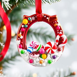 A festive horseshoe Christmas ornament designed with a vibrant candy theme