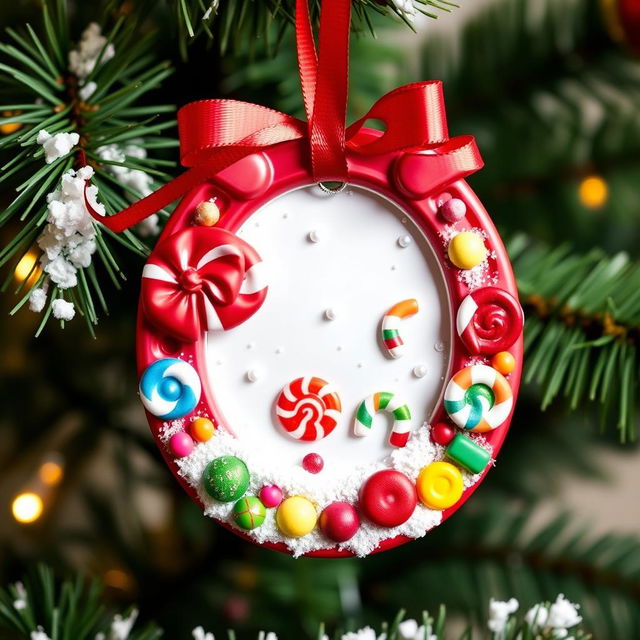 A festive horseshoe Christmas ornament designed with a vibrant candy theme