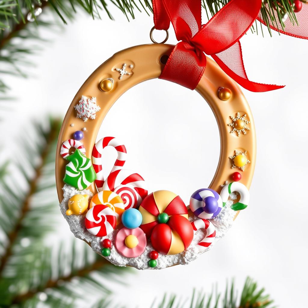 A festive horseshoe Christmas ornament designed with a vibrant candy theme