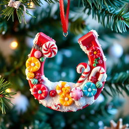 A festive horseshoe Christmas ornament designed with a vibrant candy theme