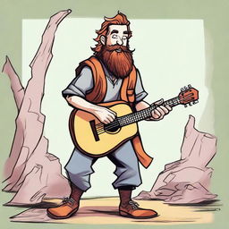 A dynamic, high-quality comic-style illustration that vividly portrays a young, bearded, and crazy homeless vagrant as a fantasy Dungeons and Dragons bard