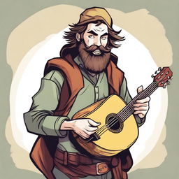 A dynamic, high-quality comic-style illustration that vividly portrays a young, bearded, and crazy homeless vagrant as a fantasy Dungeons and Dragons bard