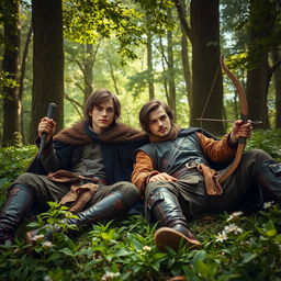 Two young medieval male rebels lying in a lush green forest, surrounded by tall trees and dappled sunlight filtering through the leaves