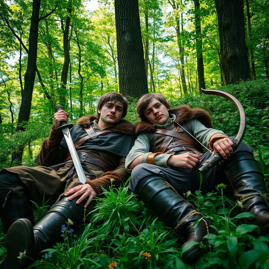 Two young medieval male rebels lying in a lush green forest, surrounded by tall trees and dappled sunlight filtering through the leaves