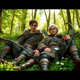 Two young medieval male rebels lying in a lush green forest, surrounded by tall trees and dappled sunlight filtering through the leaves
