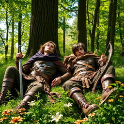 Two young medieval male rebels lying in a lush green forest, surrounded by tall trees and dappled sunlight filtering through the leaves