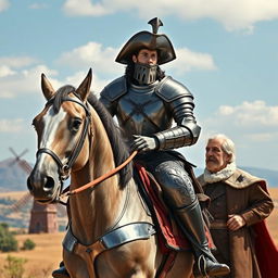 A stunning representation of Don Quijote, featuring the character in full armor riding his trusty steed Rocinante