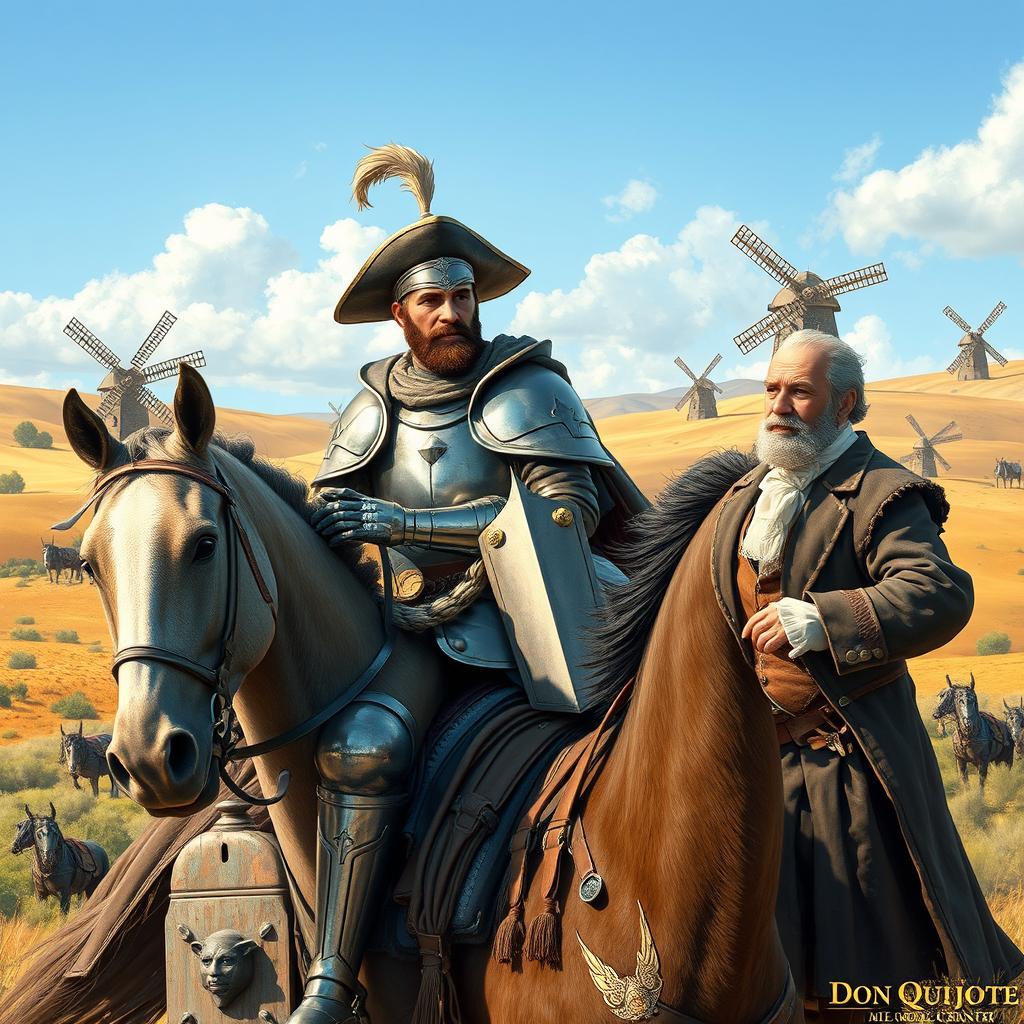 A stunning representation of Don Quijote, featuring the character in full armor riding his trusty steed Rocinante