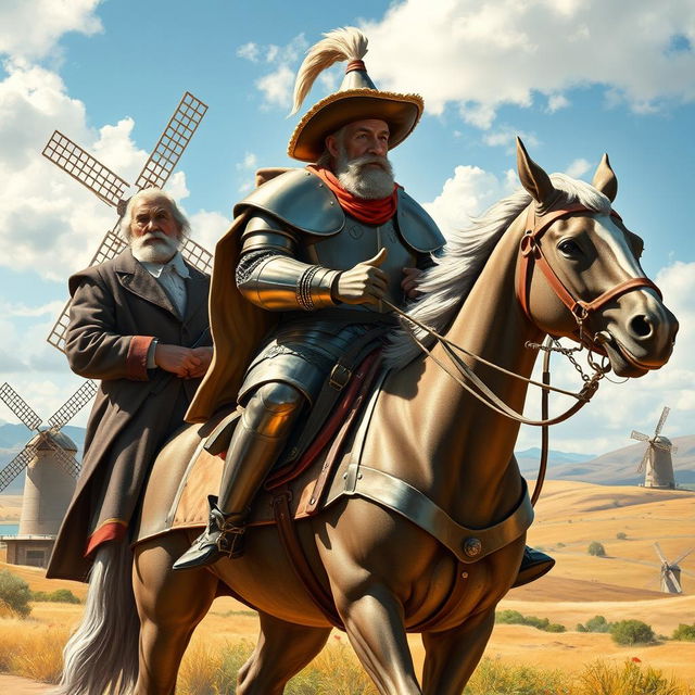 A stunning representation of Don Quijote, featuring the character in full armor riding his trusty steed Rocinante