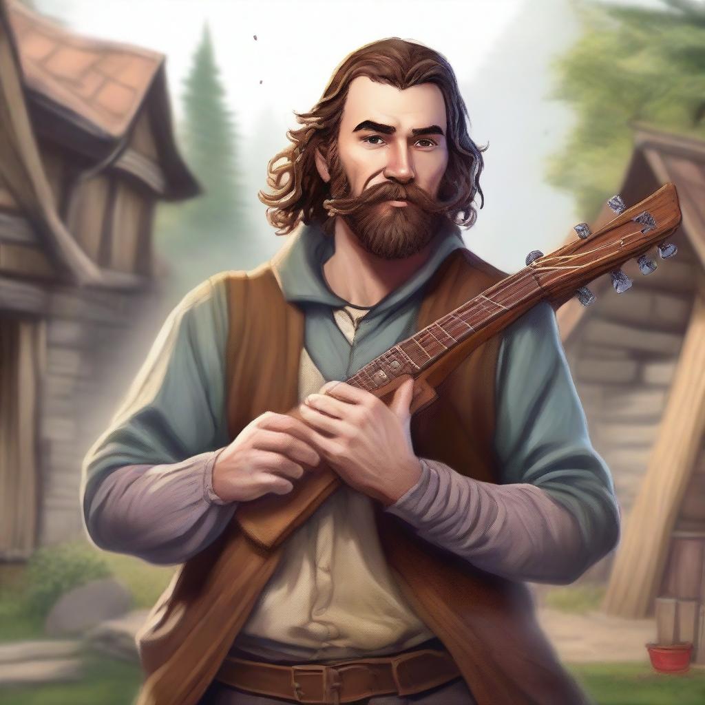 A detailed, high-quality realistic illustration that vividly portrays a young, bearded, and crazy homeless vagrant as a fantasy Dungeons and Dragons bard in a village setting