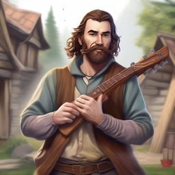 A detailed, high-quality realistic illustration that vividly portrays a young, bearded, and crazy homeless vagrant as a fantasy Dungeons and Dragons bard in a village setting