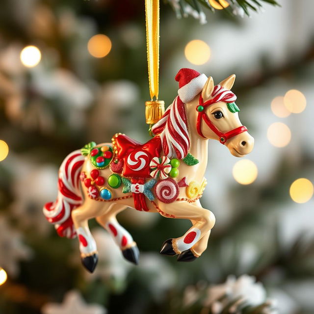 A whimsical candy-themed horse Christmas ornament, beautifully decorated with vibrant colors and intricate details