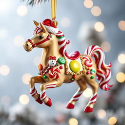 A whimsical candy-themed horse Christmas ornament, beautifully decorated with vibrant colors and intricate details