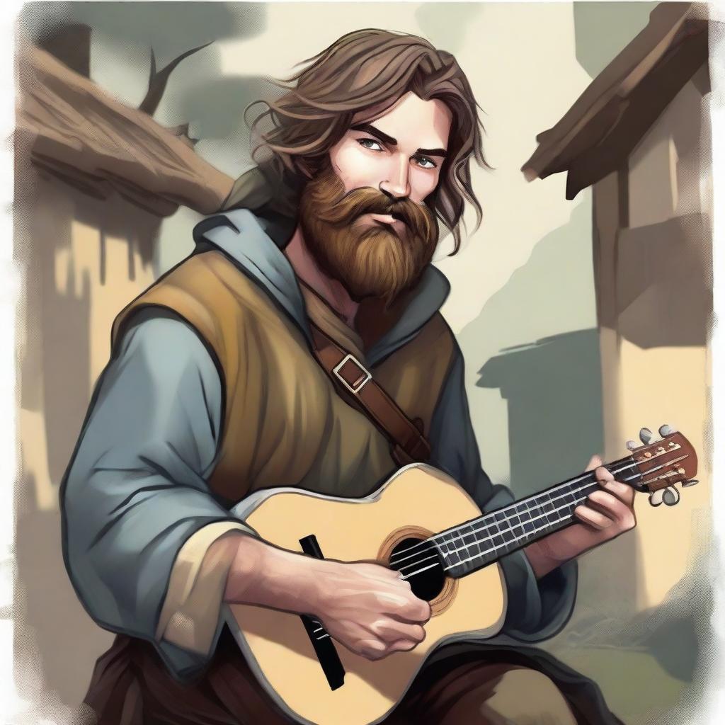 A detailed, high-quality realistic illustration that vividly portrays a young, bearded, and crazy homeless vagrant as a fantasy Dungeons and Dragons bard in a village setting