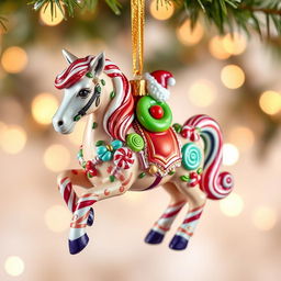 A whimsical candy-themed horse Christmas ornament, beautifully decorated with vibrant colors and intricate details