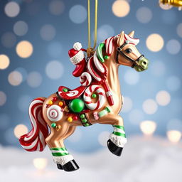 A whimsical candy-themed horse Christmas ornament, beautifully decorated with vibrant colors and intricate details