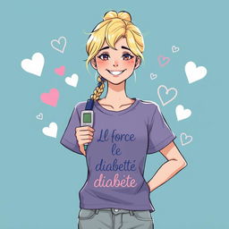 Une illustration d'une fille de 20 ans aux cheveux blonds brillants, affichant un sourire fier et confiant