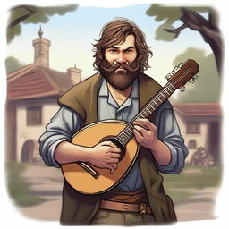 A detailed, high-quality realistic illustration that vividly portrays a young, bearded, and crazy homeless vagrant as a fantasy Dungeons and Dragons bard in a village setting