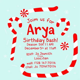 A whimsical and festive candy cane themed birthday invitation for a girl named Arya, celebrating her 5th birthday