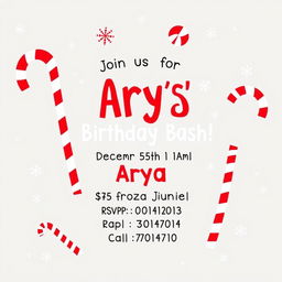 A whimsical and festive candy cane themed birthday invitation for a girl named Arya, celebrating her 5th birthday