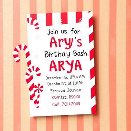A whimsical and festive candy cane themed birthday invitation for a girl named Arya, celebrating her 5th birthday