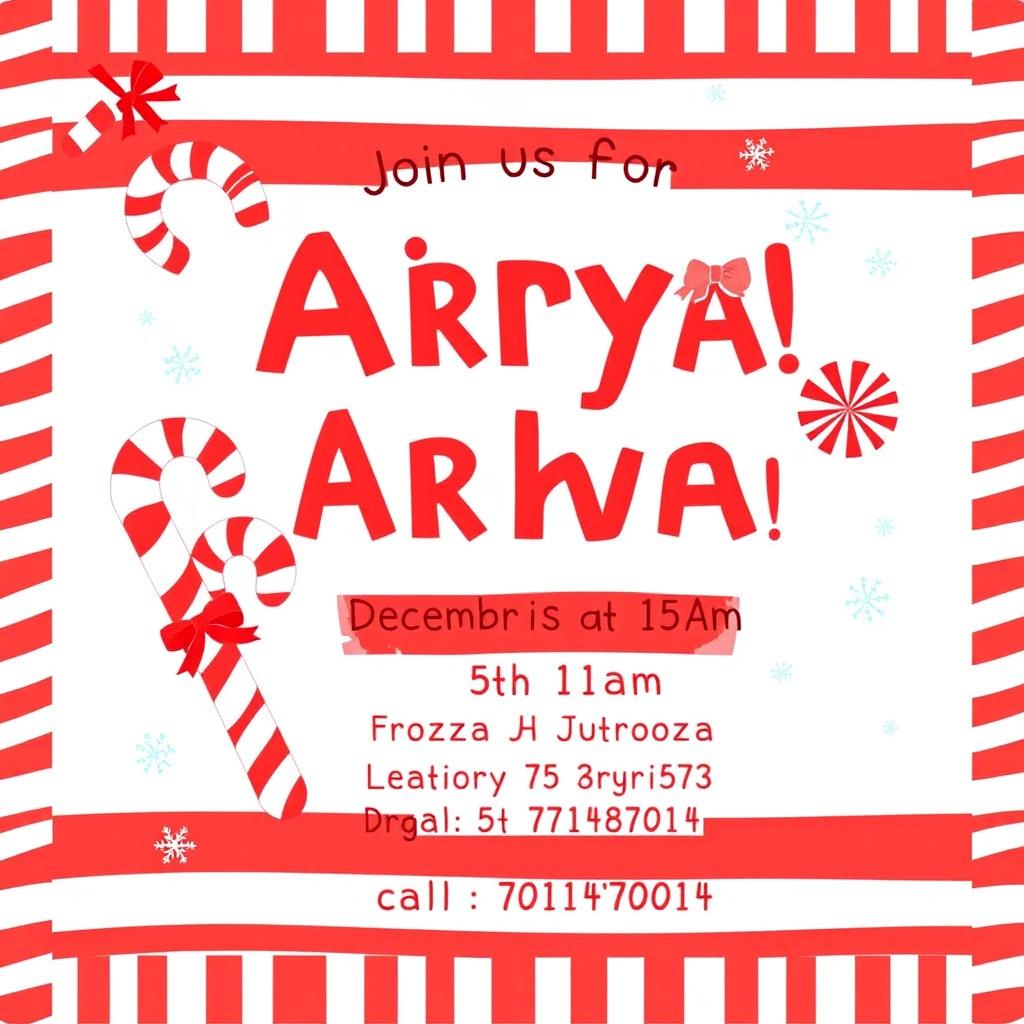A whimsical and festive candy cane themed birthday invitation for a girl named Arya, celebrating her 5th birthday
