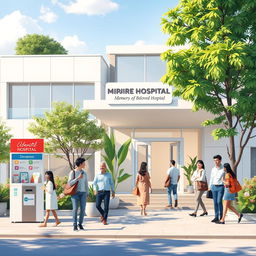 A heartfelt scene depicting a modern, welcoming hospital building dedicated in memory of a beloved father