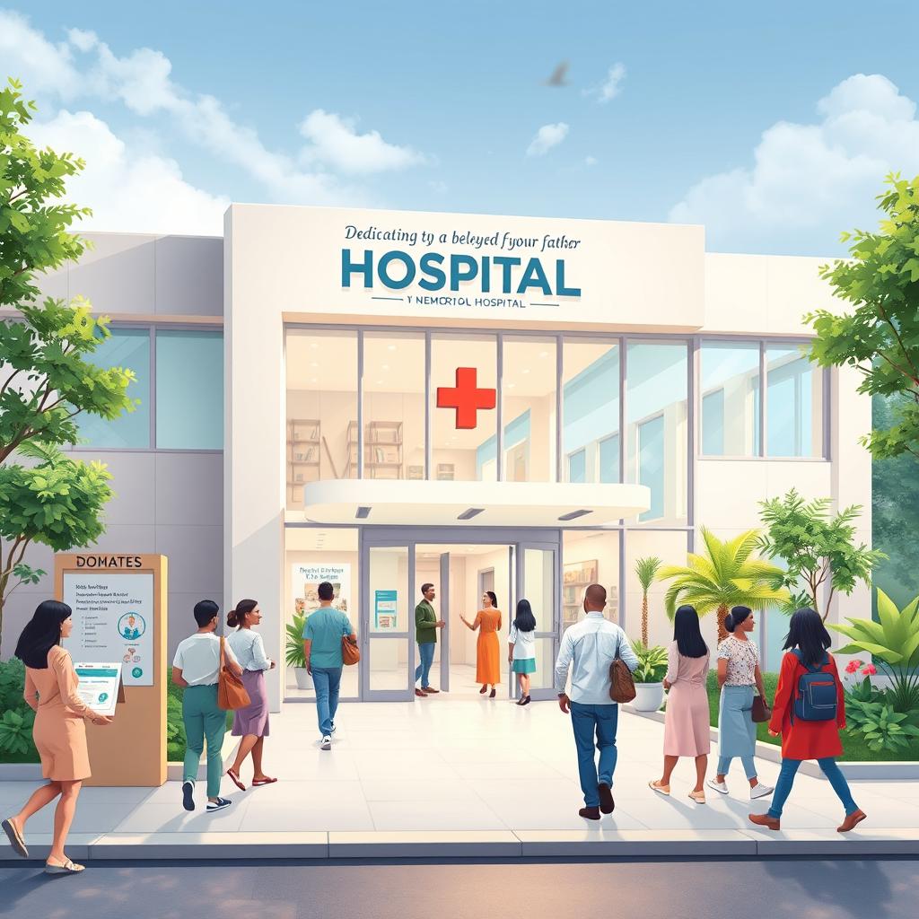 A heartfelt scene depicting a modern, welcoming hospital building dedicated in memory of a beloved father