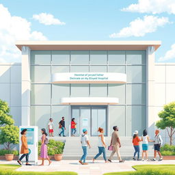 A heartfelt scene depicting a modern, welcoming hospital building dedicated in memory of a beloved father