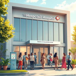 A heartfelt scene depicting a modern, welcoming hospital building dedicated in memory of a beloved father