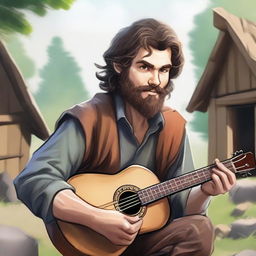 A detailed, high-quality realistic illustration that vividly portrays a young, bearded, and crazy homeless vagrant as a fantasy Dungeons and Dragons bard in a village setting