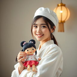 A beautiful 22-year-old Asian woman wearing a white outfit, holding a labubu doll while facing the camera with a soft and cute smile