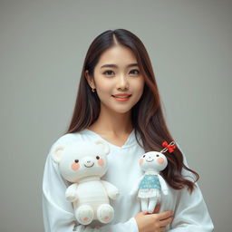 A beautiful 22-year-old Asian woman wearing a white outfit, holding a labubu doll while facing the camera with a soft and cute smile