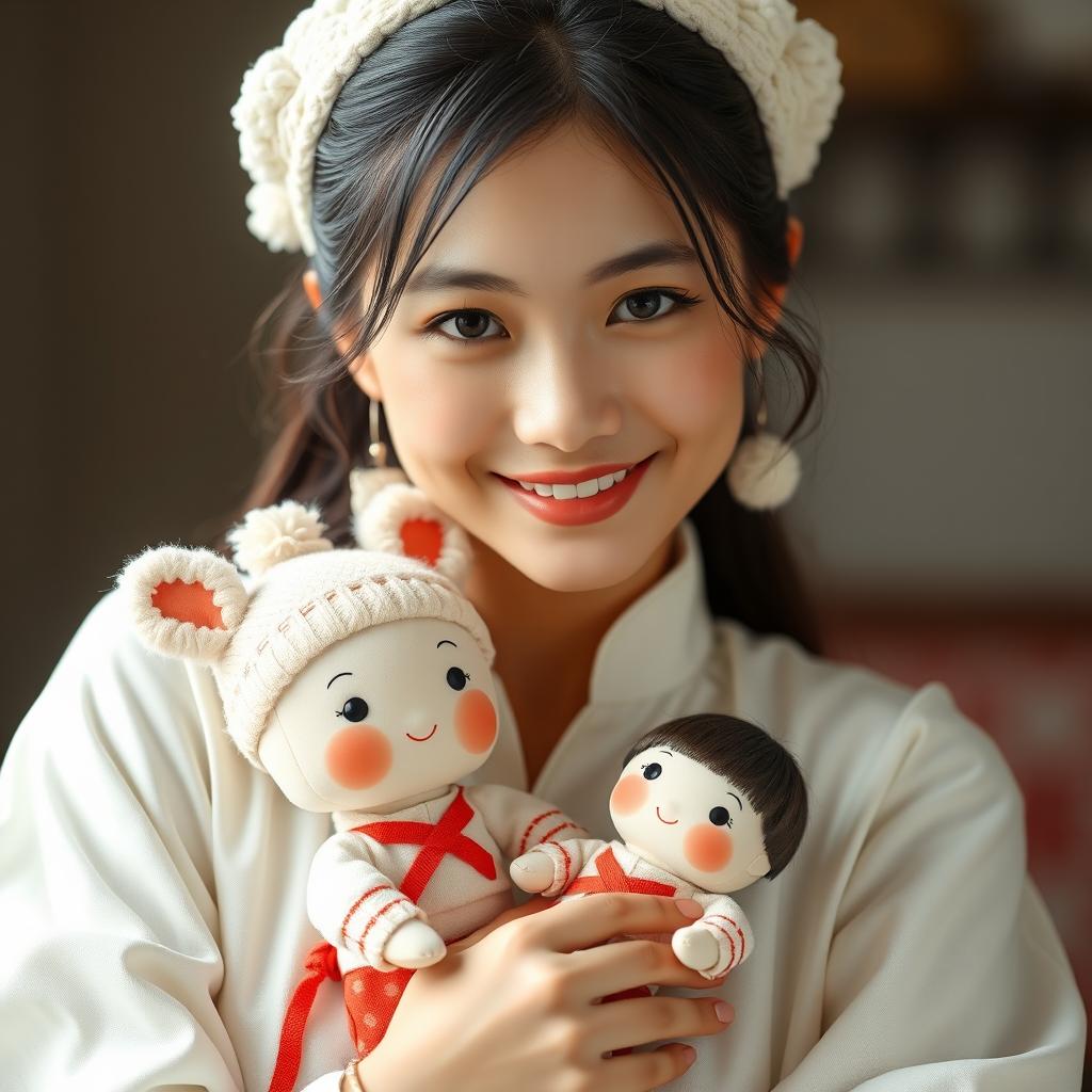 A beautiful 22-year-old Asian woman wearing a white outfit, holding a labubu doll while facing the camera with a soft and cute smile