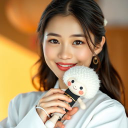 A beautiful 22-year-old Asian woman wearing a white outfit, holding a labubu doll while facing the camera with a soft and cute smile