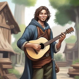 A detailed, high-quality realistic illustration that vividly portrays a young, crazy homeless vagrant as a fantasy Dungeons and Dragons bard in a village setting