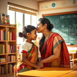 A warm and affectionate scene of an Indian female teacher gently kissing a student on the forehead, showcasing a nurturing and caring relationship